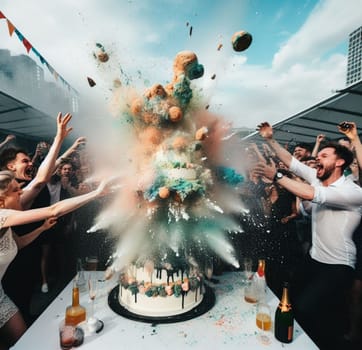 group elegant people celebrate toxic gala birthday at club throw cake splash wine wild party dance shout laugh art generated ai