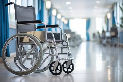 Wheelchairs waiting for patient services. with light copy space on left area. Generative AI.