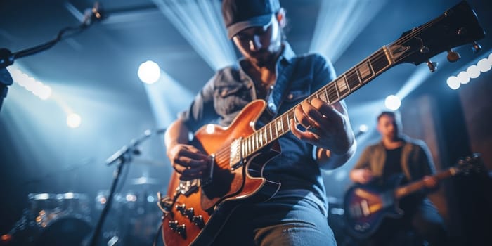 Music band group perform on a concert stage.Guitarist on stage for background. Generative AI.