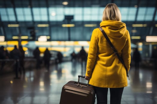 A young woman at an international airport looks at the flight information board. Generative AI.