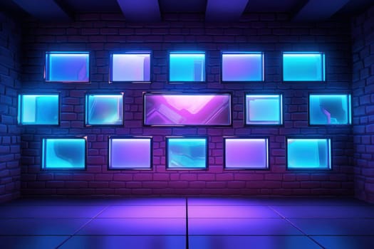 Background wall made of glowing tv screens, 3d unreal render, vibrant. Generative AI.