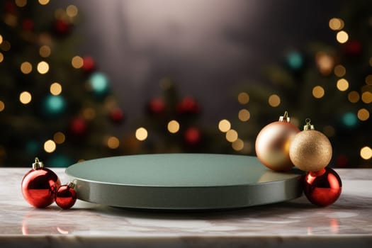 Product display podium in the foreground, copy space, with christmas theme. Generative AI.