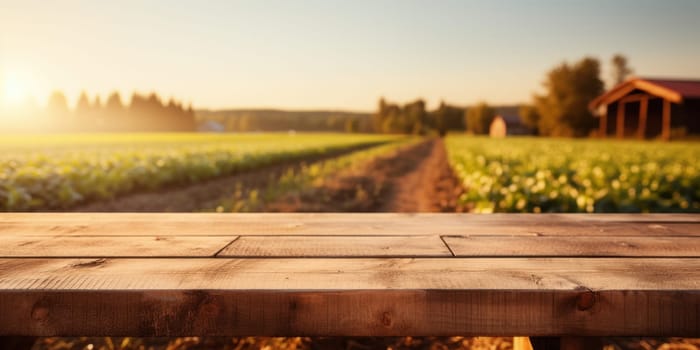 Empty wooden table top with farm landscape whit tractor during the autumn. Generative AI.