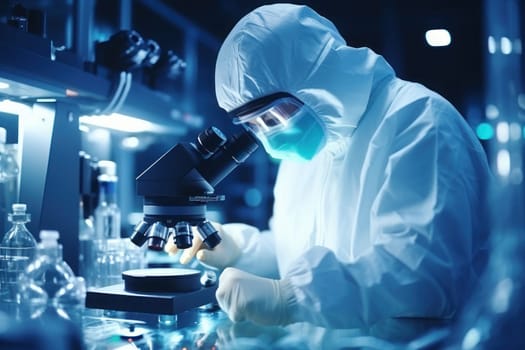 Scientist researcher using microscope in laboratory. Generative AI.