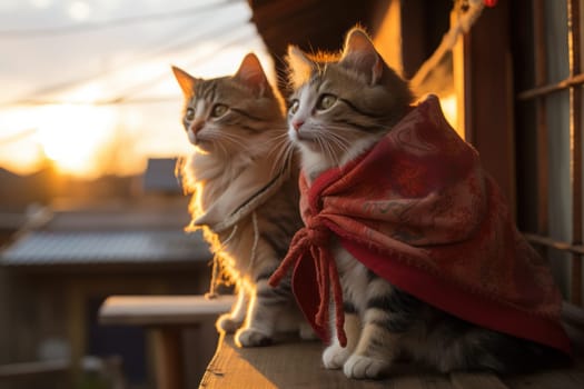 Two kittens sitting looking at the sunset in Japan. Generative AI.
