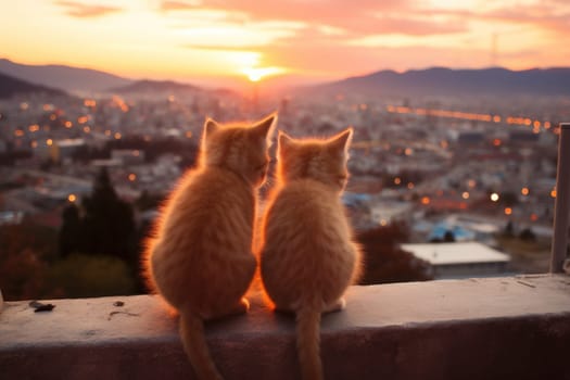Two kittens sitting looking at the sunset in Japan. Generative AI.