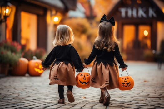 Children Trick Or Treating with Jack-O-Lantern Candy Buckets on Halloween.