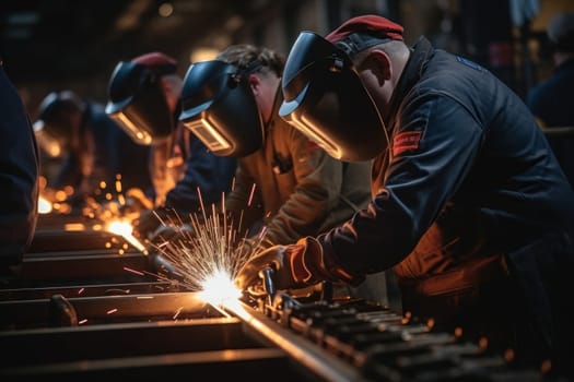 Workers and welders who perform arc welding in factories. Generative AI.