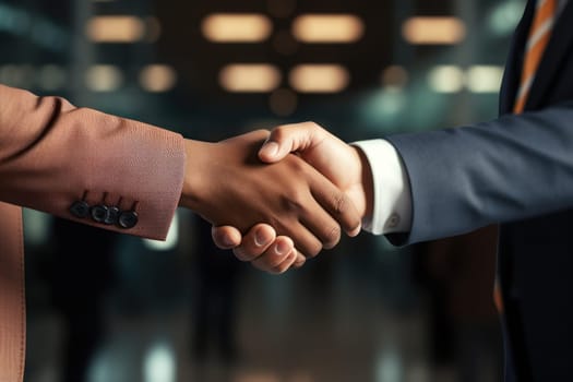 Businessman handshake for teamwork of business merger and acquisition. Generative AI.