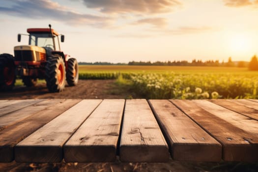 Empty wooden table top with farm landscape whit tractor during the autumn. Generative AI.