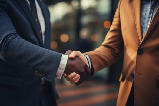Businessman handshake for teamwork of business merger and acquisition. Generative AI.