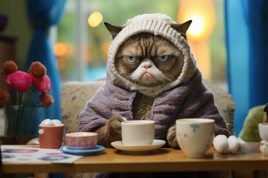 Grumpy faced cat gets dressed by owner. Generative AI.