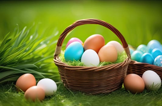 Easter concept. Egg hunt. A wicker basket with multi-colored Easter eggs on green grass in a park in spring, setting sun. Close-up.