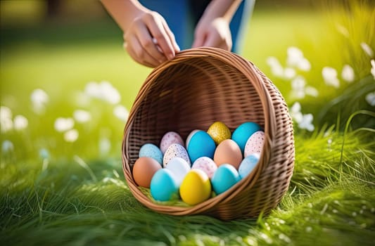 Easter concept. Egg hunt. Children's hands hold a wicker basket with multi-colored Easter eggs on the green grass in the park in the spring, setting sun. Close-up.