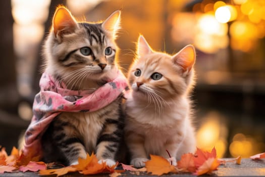 Two kittens sitting looking at the sunset in Japan. Generative AI.