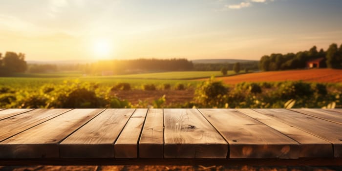 Empty wooden table top with farm landscape whit tractor during the autumn. Generative AI.