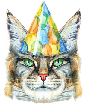 Cute cat in party hat. Cat for t-shirt graphics. Watercolor Maine Coon cat breed illustration