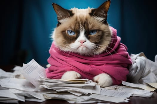 Grumpy faced cat gets dressed by owner. Generative AI.