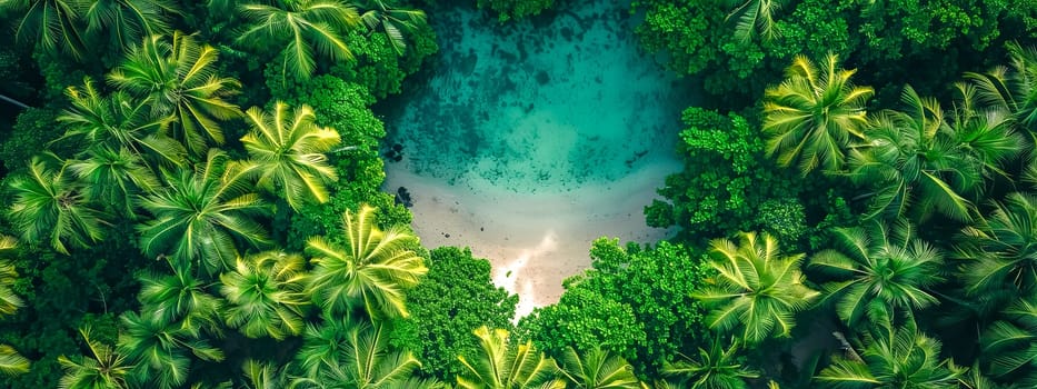 A breathtaking top-down aerial view of a secluded tropical paradise, showcasing a lush canopy of green palm trees encircling a serene white sandy beach and clear turquoise water. banner