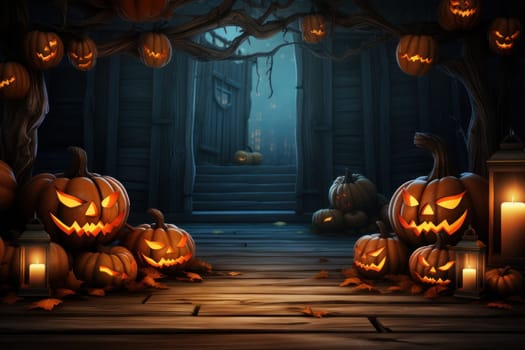 Wooden deck floor on the background of halloween theme background. Generative AI.
