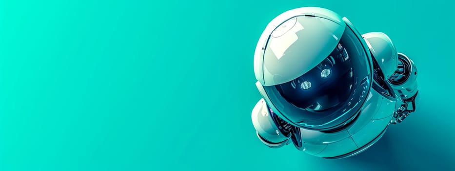 A sleek, futuristic robot with a glossy white helmet and visor, detailed with intricate mechanical parts, turquoise background, exemplifying advanced technology and artificial intelligence, copy space