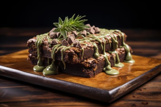 Delicious cannabis brownie garnished with marijuana leaf on top. Generative AI.