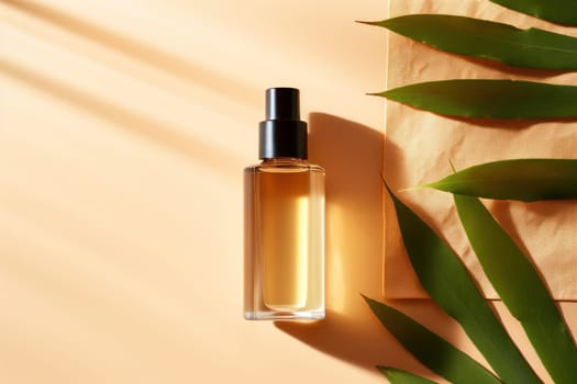 Bottle of cosmetic oil on beige background, top view. Space for text. Generative AI.