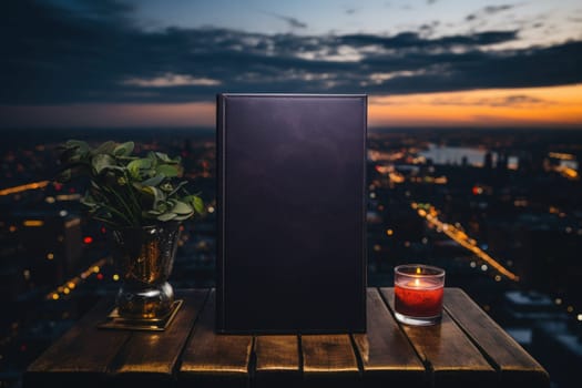 Promotional flyer for a rooftop bar with panoramic views. Generative AI.
