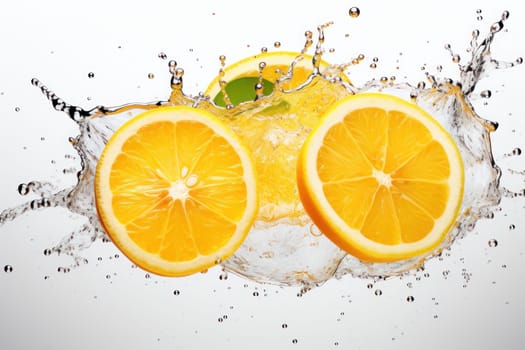 Splash effect of lemon, high speed photography, on plain white background. Generative AI.