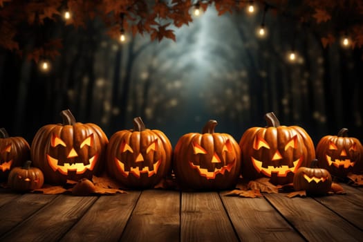 Wooden deck floor on the background of halloween theme background. Generative AI.