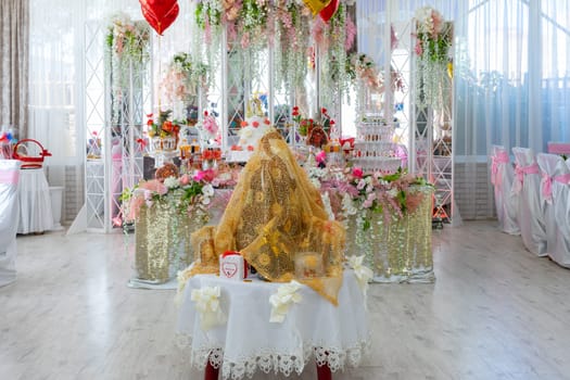 Hall decoration at a gypsy wedding. Ukraine, Vinnytsia, August 10, 2021