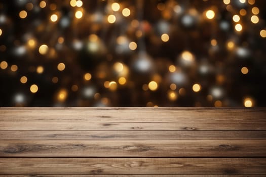Wooden deck floor on the background of x'mas theme background. Generative AI.