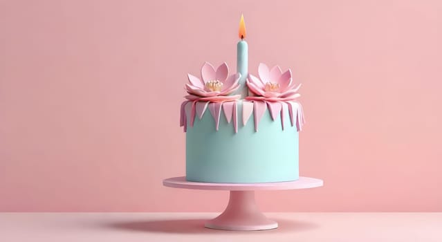 Birthday cake with flowers and a burning candle on  background. Birthday concept.Fancy cake decorated with flowers and a burning candle.3d illustration of a birthday cake with candles and flowers. 3D rendering.