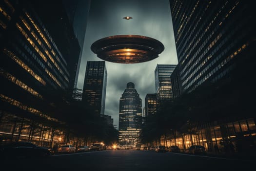 Photograph of a city corporate skyscraper with a UFO on top taken. Generative AI.