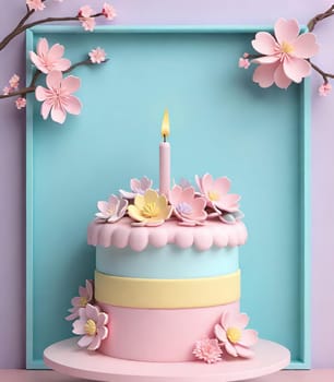 Birthday cake with flowers and a burning candle on  background. Birthday concept.Fancy cake decorated with flowers and a burning candle.3d illustration of a birthday cake with candles and flowers. 3D rendering.