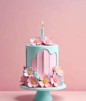 Birthday cake with flowers and a burning candle on  background. Birthday concept.Fancy cake decorated with flowers and a burning candle.3d illustration of a birthday cake with candles and flowers. 3D rendering.