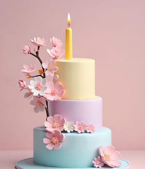 Birthday cake with flowers and a burning candle on  background. Birthday concept.Fancy cake decorated with flowers and a burning candle.3d illustration of a birthday cake with candles and flowers. 3D rendering.