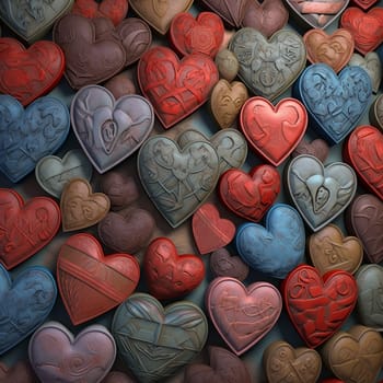 Assortment of textured hearts in various shades forming a pattern