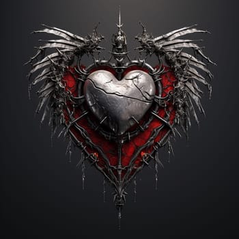 Gothic dark heart with armor and wings on dark background