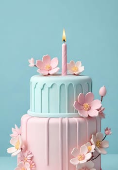 Birthday cake with flowers and a burning candle on  background. Birthday concept.Fancy cake decorated with flowers and a burning candle.3d illustration of a birthday cake with candles and flowers. 3D rendering.