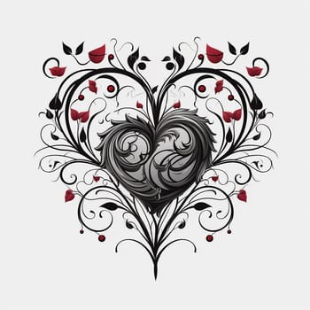 Ornate heart intertwined with floral patterns and red accents.