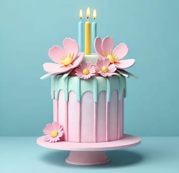 Birthday cake with flowers and a burning candle on  background. Birthday concept.Fancy cake decorated with flowers and a burning candle.3d illustration of a birthday cake with candles and flowers. 3D rendering.