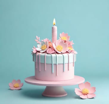 Birthday cake with flowers and a burning candle on  background. Birthday concept.Fancy cake decorated with flowers and a burning candle.3d illustration of a birthday cake with candles and flowers. 3D rendering.