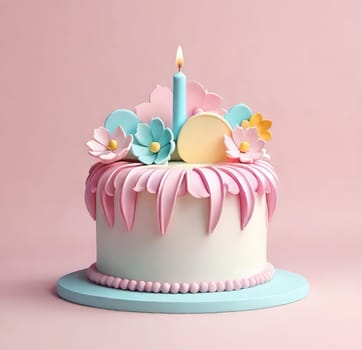 Birthday cake with flowers and a burning candle on  background. Birthday concept.Fancy cake decorated with flowers and a burning candle.3d illustration of a birthday cake with candles and flowers. 3D rendering.