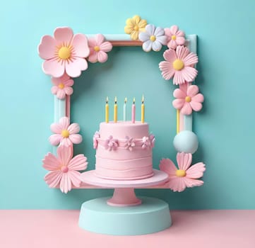 Birthday cake with flowers and a burning candle on  background. Birthday concept.Fancy cake decorated with flowers and a burning candle.3d illustration of a birthday cake with candles and flowers. 3D rendering.