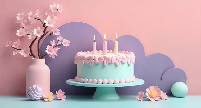 Birthday cake with flowers and a burning candle on  background. Birthday concept.Fancy cake decorated with flowers and a burning candle.3d illustration of a birthday cake with candles and flowers. 3D rendering.