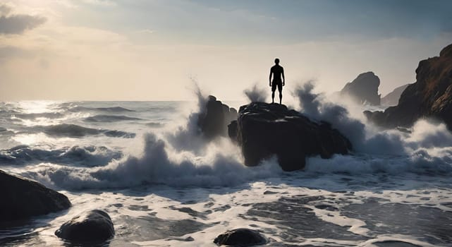 Silhouette of a man standing on the rocks in the sea.wave splash.human silhouette on the rocks on the seashore. Waves splashing on the rocks.