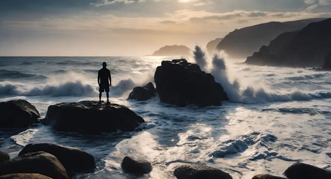 Silhouette of a man standing on the rocks in the sea.wave splash.human silhouette on the rocks on the seashore. Waves splashing on the rocks.