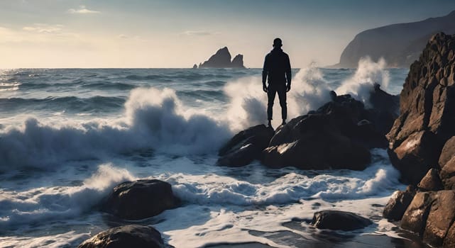 Silhouette of a man standing on the rocks in the sea.wave splash.human silhouette on the rocks on the seashore. Waves splashing on the rocks.