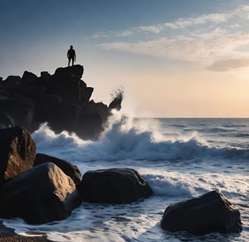 Silhouette of a man standing on the rocks in the sea.wave splash.human silhouette on the rocks on the seashore. Waves splashing on the rocks.